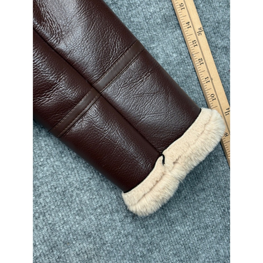 36points Womens Small Burgundy Faux Leather Aviator Bomber Jacket Faux Fur Trim - Picture 14 of 16